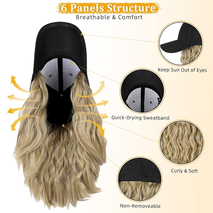 Baseball Cap with Hair Extensions Hat Wig Adjustable Hat Attached Curly Wave 14 Synthetic Hairpiece for Women Ash Blonde