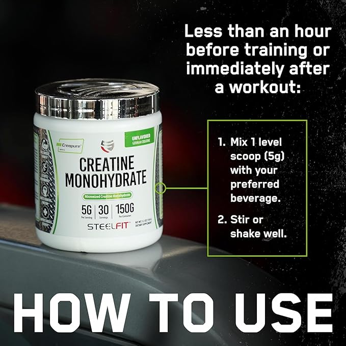 SteelFit Creapure Creatine Monohydrate Powder Unflavored - German Micronized Creatine Powder for Men &amp Women - Gym Workout Nutritional Supplements for Muscle Gain Brain Health &amp Strength Bui