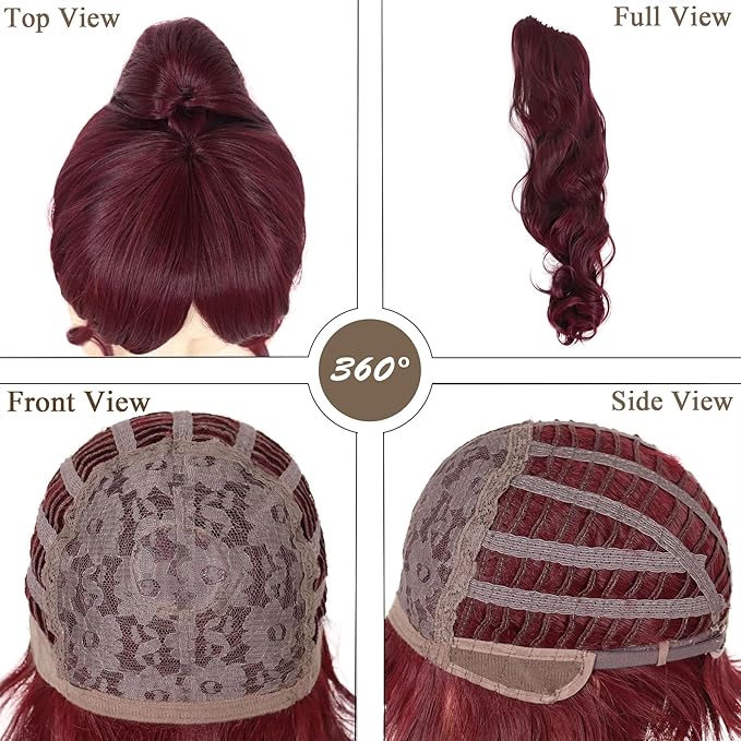 GNIMEGIL Short Wine Red Wigs for Women with 27 inch Long Ponytail in Deep Burgundy Wig with Bangs Trendy Hair Accessory Megara Wigs with Hair Extensions Ponytail Halloween Costume Dark Cherry Red Wig