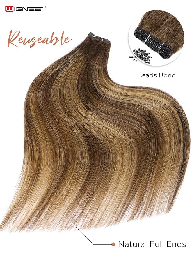 WIGNEE 20 Inch Double Invisible PU OVO Human Hair Extensions 100% Remy Human Hair Weft Highlight Honey Blonde Hair Extensions Human Hair 2PCS Glueless Wefts Micro Beads Hair Extension (T4/27)