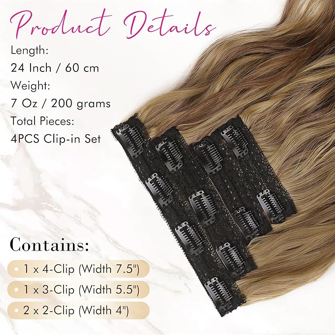 REECHO Clip in Hair Extensions 4PCS Hair Extensions 24 Thick Long Beach Waves hair extensions Invisible Lace Weft Natural Soft Hairpieces for Women ? Medium Reddish Brown with Highlights