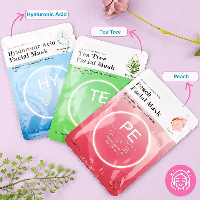 VESPRO 100 Pack Collagen Essence Sheet Facial Masks Bulk Face Masks Skincare Hydrating Face Masks for All Skin Types Moisturizing and Soothing Skin Care Spa Face Mask