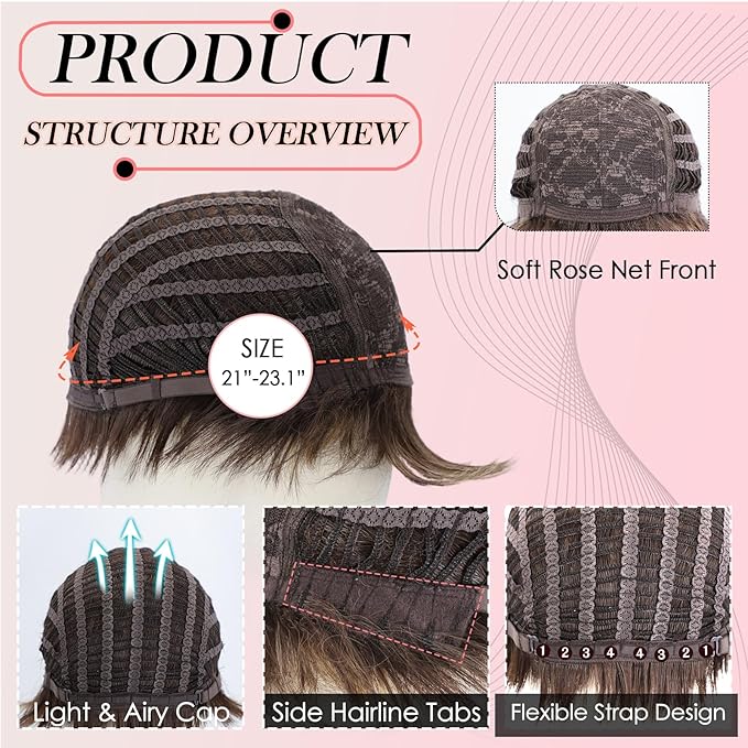 WIGYY Medium Golden Brown Pixie Wig for White Women ? Curly Short Wig with Bangs Glueless Heat-Resistant Synthetic Wig Soft Natural Look for Daily Wear or Older Women