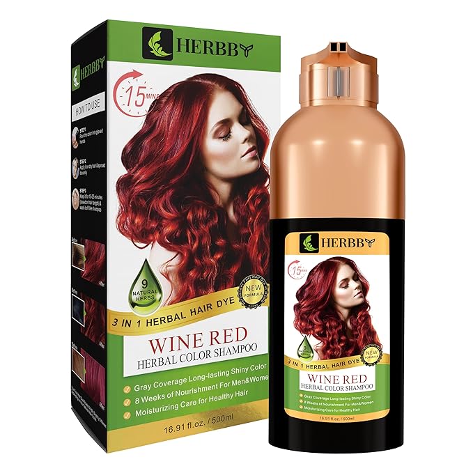 HERBBY Hair Color Shampoo for Gray Hair Coverage&ampColor Transform with 9 Herbal Extracts ?Long Lasting(6-8 Weeks)ShinyEvenly ColoredInstant Hair Dye Shampoo&ampConditioner 500 Ml (WINE RED COL