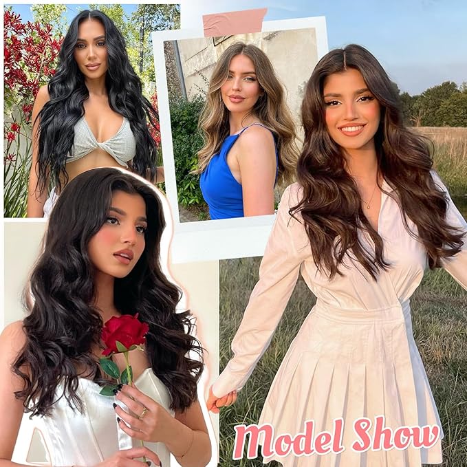 Synthetic Clip in Hair Extensions 6PCS Natural &ampSoft Hair&amp Blends Well Lonng Wavy Hairpieces(20inch6pcs Black with Brown Highlights)