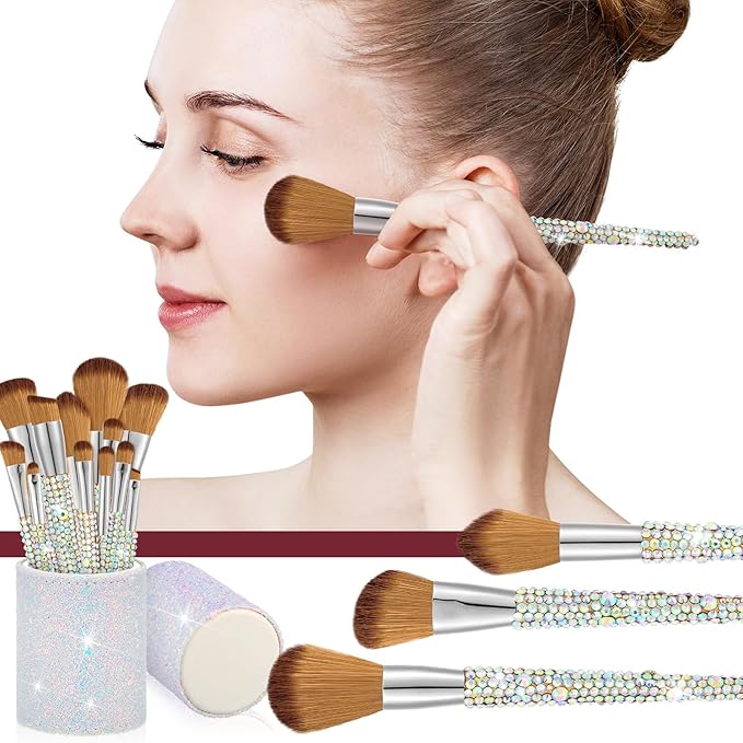 Rtteri 13 Pcs Rhinestone Silver Makeup Brushes Set Bling Crystal Professional Face Cosmetics Blending Liquid Foundation Powder Concealer Eye Shadows Make up Beauty Tool Glitter with Holder