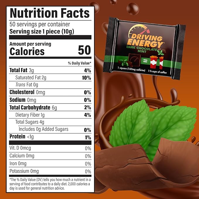 Driving Energy - Caffeinated Energy Bite Size - Dark Chocolate Mint Energy Fuel with 150mg Caffeine - Long-Lasting Energy for Gym Workout Adults - Great Taste - Low Carb - Healthy Snack - 30 Count