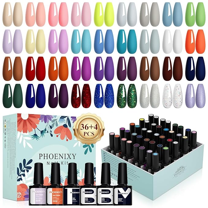 phoenixy 40 PCS Gel Nail Polish Kit 36 Colors Gel Nail Polish Set with Base Top Coat Pink Blue Red at Home Nail Kit Christmas Gifts for Women