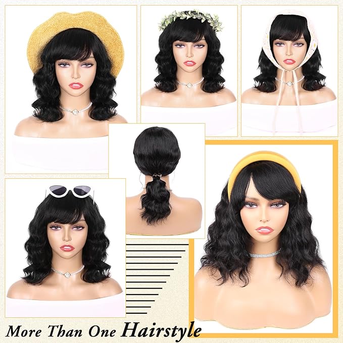 WIGNEE 100% Virgin Human Hair Loose Deep Wave Wigs with Bangs Brazilian Human Hair Wave Wig for Women Natural Black (12 Inch)