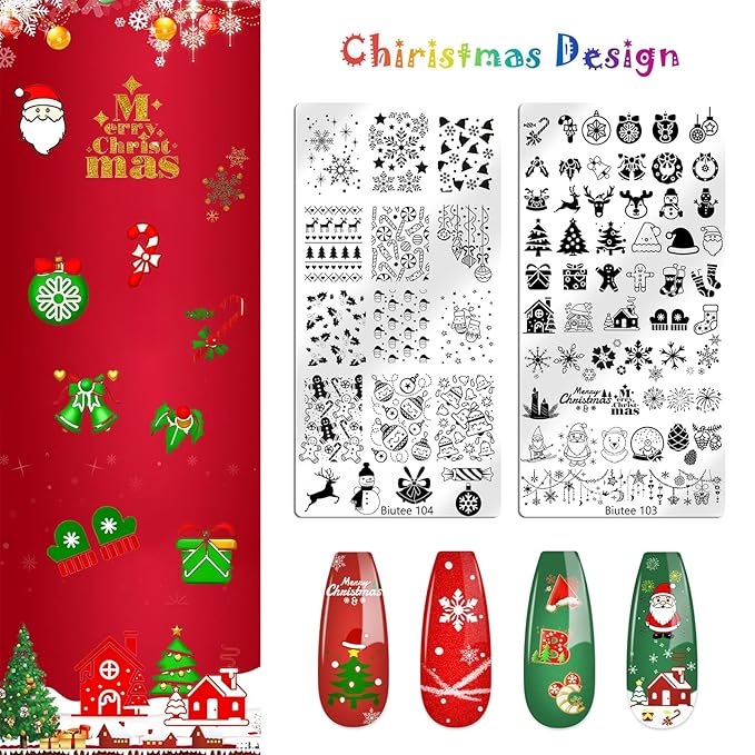 Biutee Nail Stamping Plate Set 12PCS Nail Art Stamp Plates 8PCS Stamping Nail Gel Polish Nail Stamper and Scraper Halloween Christmas Butterfly Leaves Bow Design Nail Stamping Kit with Storage Bag