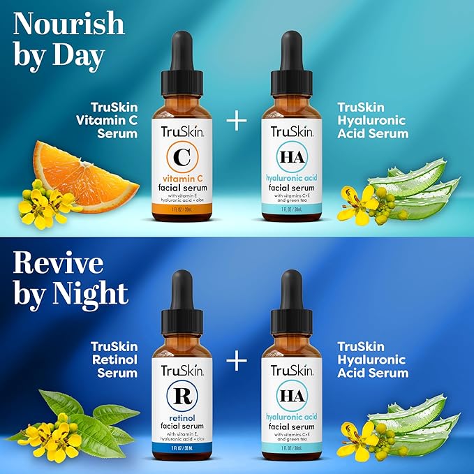 TruSkin Face Serum Trio ? Hyaluronic Acid Vitamin C &amp Retinol Serum for Face ? Anti Aging Skin Care Set for Women ? Skincare for Bright Smooth Hydrated &amp Firmer-Looking Skin 1 fl oz 3 Bot