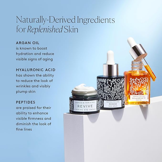 Naked &amp Thriving Restorative Night Routine | Renew Night Serum (30 mL) + Revive Eye Cream (15 mL) + Rejuvenate Face Oil (35 mL) with Peptides Squalane Hyaluronic Acid and Fruit AHAs (Set of 3)