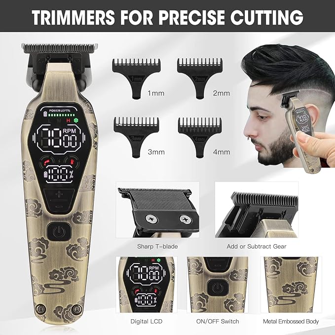 Professional Hair Clipper for Men - Cordless Clippers and Trimmers Set Heavy-Duty Motor Hair Cutting Kits with LED Display 7000RPM High-Power Motor USB Charging Gifts for Men Bronze