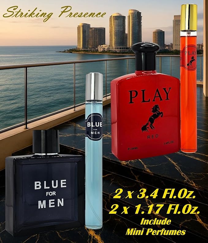 Blue For Men &amp Play Red 04-Piece Set Cologne for Men 2x100ml &amp Mini Perfume 2x35ml Eau de Toilette long-lasting cranberry sage &amp pink pepper notes for daytime Travel perfume bottle