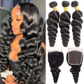 Loose Wave Bundles With 4X4 Lace Closure Free Part Human Hair Loose Deep Wave Bundles with Closure 12A 100% Unprocessed Brazilian Virgin Hair Extensions 20 22 24+18 Inch