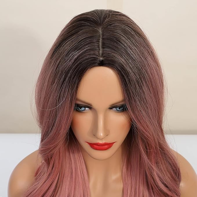 Black to Pink Wavy Wigs Human Hair Mixed Synthetic Long Curly Breathable Lightweight Middle Part No Lace for Daily Cosplay Party