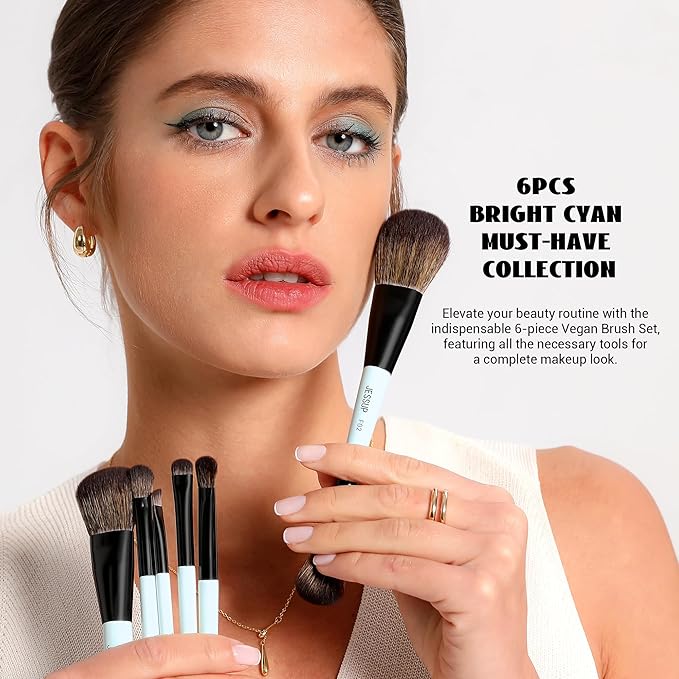 Jessup Makeup Brush Set 6pcs Double Sided Makeup Brushes Foundation Contour Blush Highlight Blending Eyebrow Brush Eyeshadow Brush Vegan Fiber Make up Brush Bright Cyan T501