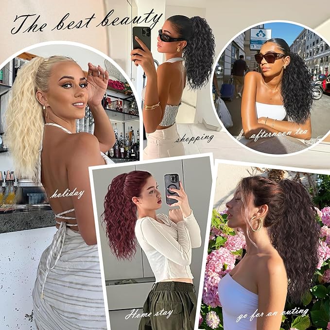 Stamped Glorious Ponytail Extension 18 Curly Wavy Pony Tail Claw Multi Layered Clip on Ponytail Extension Fluffy Natural Looking Synthetic Hair Piece for Women(Omber Almand Brown)