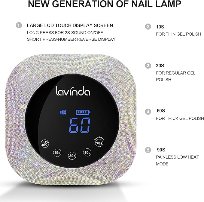 Lavinda UV LED Nail Lamp 54W Rechargeable Cordless Nail Lamp Nail Dryer Gel Polish UV Nail Light with 4 Timer Setting Professional Quick Dry Curing Lamp with Display Auto Sensor for Salon &amp Home