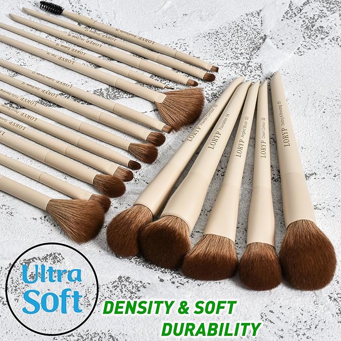 LORYP 18 Piece Makeup Brushes Set Labeled Face and Eye Brush Set Complete with Foundation Concealer Contour Blending Blush Eyeshadow Brushes with Travel Holder Case