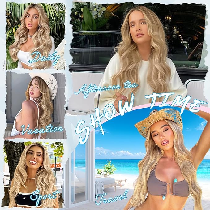 Vigorous Clip in Hair Extensions 4PCS Blonde mix Bleach Blonde Long Wavy Hairpieces 24Inch Hair Extensions Clip Ins Soft Synthetic Hairpieces for Women