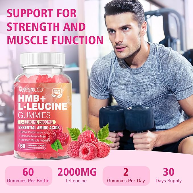 2 Pack HMB and L-Leucine Gummies 3000mg HMB and Leucine Amino Acid for Muscle Growth Muscle Mass Muscle Relief and Fast Workout Recovery for Men &amp Women Sugar-Free Raspberry Flavor 120 Cou