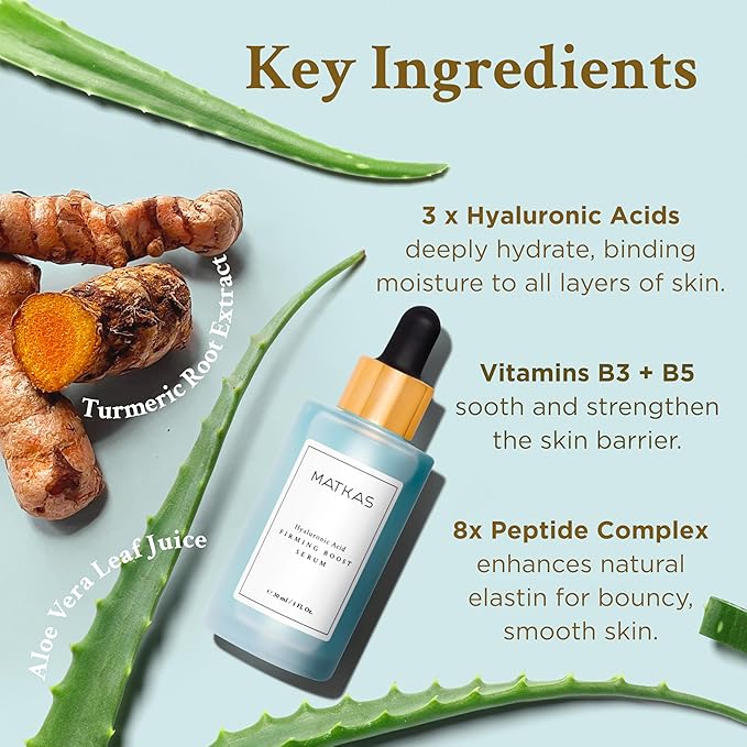 MATKAS Korean Firming Boost Hyaluronic Acid Serum 1 Fl. Oz. - 2% Niacinamide and Hyaluronic Acid Serum for Face Korean Skin Care for Anti Aging Hydrating Peptide Face Moisturizer for Dry Skin