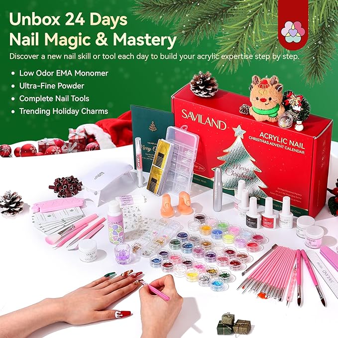 SAVILAND Acrylic Nail Kit Christmas Advent Calendars: Premium Acrylic Nail Kit with Nail Drill Xmas Stickers 24 Days Christmas Manicure Gift Set For Women Girls Limited Winter Holiday Gifts