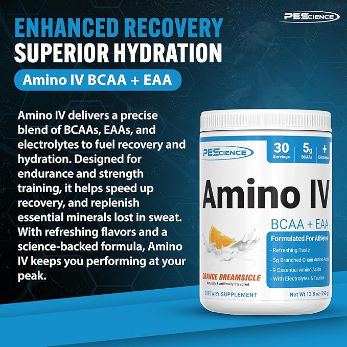 PEScience Amino IV BCAA &amp EAA Powder Essential Amino Acids Taurine Electrolytes for Hydration and Muscle Recovery Sugar Free for Men &amp Women Post Workout - Orange Dreamsicle - 30 Servings