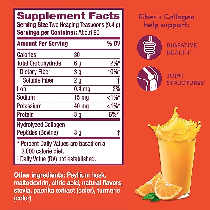 Metamucil Daily Fiber + Collagen Psyllium Husk Powder Plant Based Fiber Supplement Sugar-Free with Stevia 3-in-1 Fiber Supplement for Digestive Health Orange Flavored 90 Doses