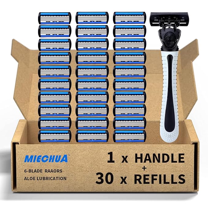 6-Blade RazorPlastic Anti-slip Men Manual Refill Cartridges razors Reusable Face Cleansing Care Tool 30 pcs refill cartridges Shave Supplies for Men and Women - Black
