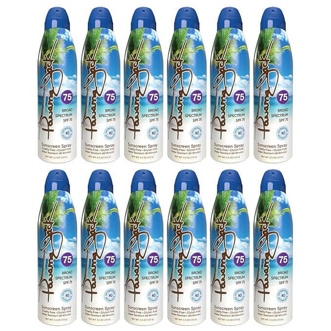 Panama Jack Continuous Spray Sunscreen - SPF 75 Broad Spectrum UVA/UVB Protection PABA Paraben Gluten &amp Cruelty Free Water Resistant (80 Minutes) 5.5 OZ (5.50 Fl Oz (Pack of 12))