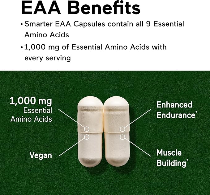 SMARTERNUTRITION Essential Amino Acids (EAA) Capsules - 1 Gram Per Serving of All 9 EAAs - Supports Muscle Mass &amp Exercise - Non-GMO Vegan Gluten Free - 180 Count[90-Day Supply]