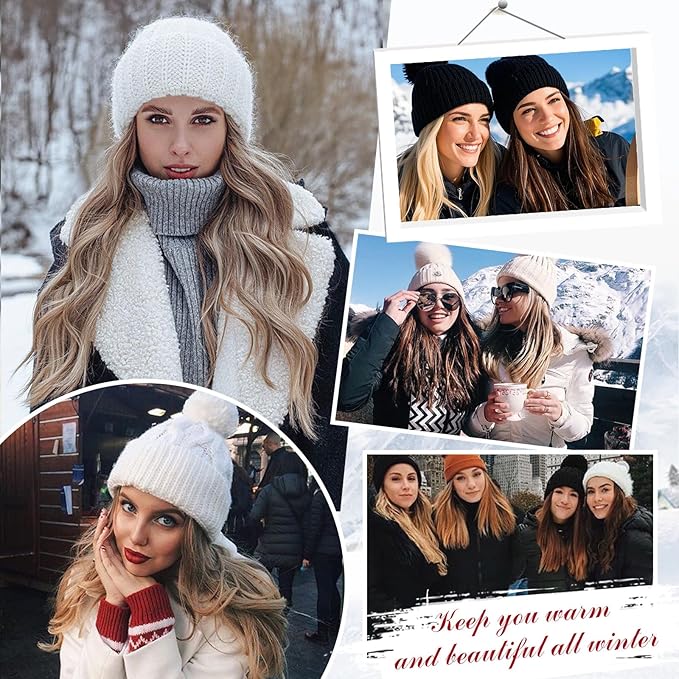 S-noilite Beanie Wig with Hair18 Inch Long Wavy Hair Extensions with White Knitted Hat Hairpieces for Women Winter Natural Black