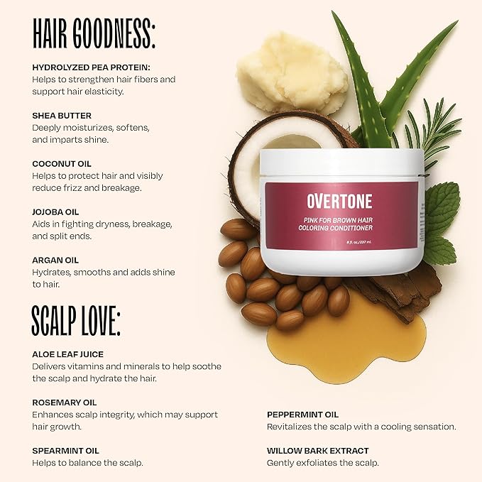 Overtone Semi Permanent Hair Color Conditioner Raspberry Pink 8 oz Nourishing Damage-Free Color Depositing Mask for All Hair Types with Shea Butter &amp Coconut Oil Vegan &amp Cruelty-Free