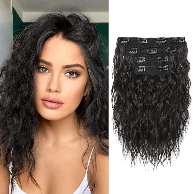 REECHO Clip in Hair Extensions - 12 Short Curly Wavy Hairpieces Invisible Lace Weft Natural Soft Black Brown