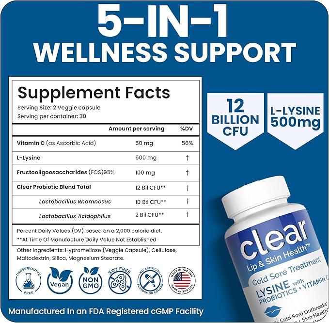 Lysine Cold Sore Treatment for Lips with Pre-Probiotics &amp VIT C | 1 Month Supply | Supercharged Lysine Capsules with Rhamnosus &amp Acidophilus for Cold Sores Relief Skin + Gut Health &amp Immu