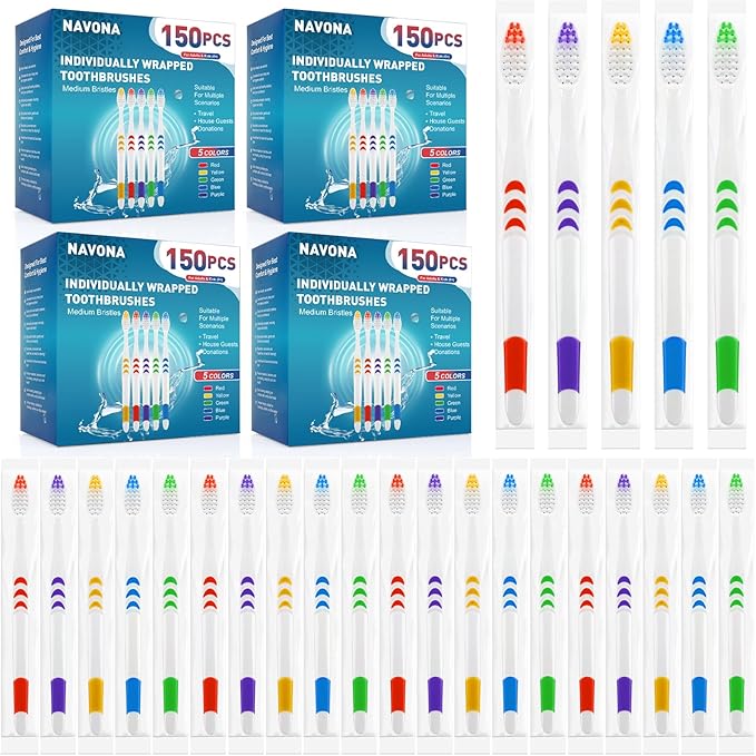 Navona 600 PCS Premium Individually Wrapped Bulk Toothbrush Pack Disposable Toothbrushes Kids Toothbrush Medium Soft Bristle Toothbrushes Ergonomics Handle Perfect for Travel Hotel Donation