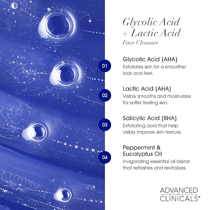 Advanced Clinicals Exfoliating Glycolic Acid &amp Salicylic Acid Face Wash + Hydrating Vitamin C Facial Cleanser 2pc AM/PM Skin Care Set For Women &amp Men To Gently Exfoliate &amp Cleanse Dirt &am