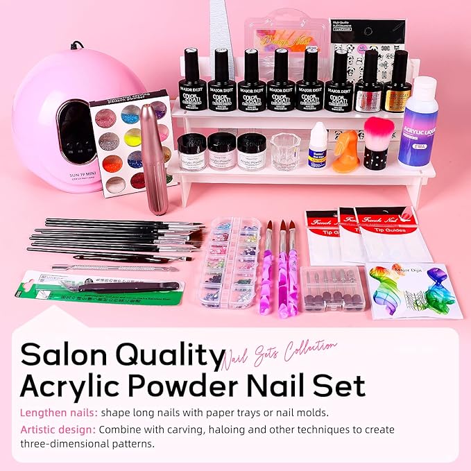 Major Dijit Acrylic Nail Kit with Drill - Complete Starter Set for Beginners White Pink Clear Acrylic Powder 6 Gel Polish Colors UV LED Light Nail Decorations &amp Salon Tools | Home Manicure Gift