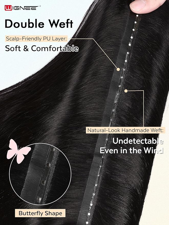 WIGNEE OVO Invisible Human Hair Extensions 100% Real Remy Human Hair Weft Black Hair Extensions Human Hair 2 PCS 12 Inch No Glue Genius Weft Micro Bead Real Human Hair Extensions for women(1B)