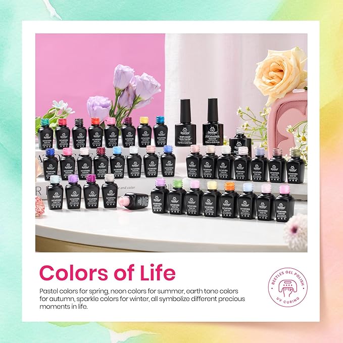 Beetles Winter Gel Nail Polish 36 Colors Palette Green Brown Pink Yellow Blue Nude Glitter Color Gel Polish with Base Top Coat Soak Off UV LED All Seasons Gift for Women Girls