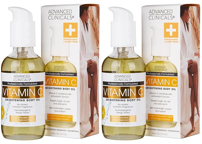 Advanced Clinicals Vitamin C Brightening Body Oil For Women &amp Men | Vitamin C Oil Skin Care Body Moisturizer With Vitamin E + Botanicals To Help Improve Appearance Of Dark Spots + Dry Skin 2PC