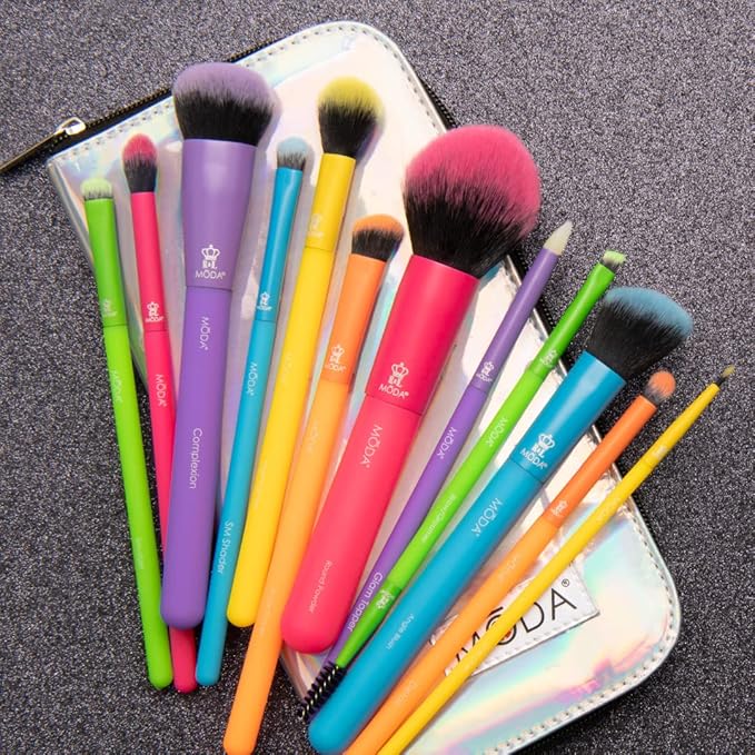 Moda Totally Electric 13pc Full Face Makeup Brush Set ? Bold Colorful Vegan Brushes for Face &amp Eye Makeup Blending Contouring and More
