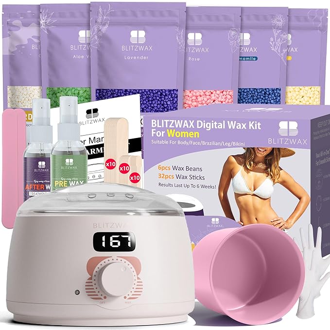BLITZWAX Brazilian and Bikini Waxing Kit for Women Hard Wax Warmer for Face Legs and Body At Home Hair Removal Kit Beginner Friendly Quick Heating 6 Packs Wax Beads