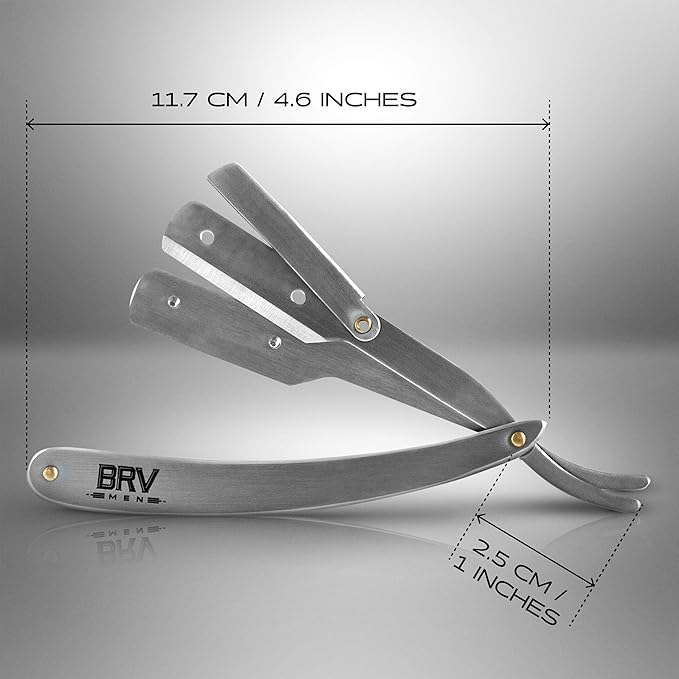 BRV MEN Professional Straight Edge Barber Razor w/ 100 Single Edge Razor Blades | Straight Razors for Men | Barbershop Accessories | Mens Shaving Knife &amp Shavette - Silver