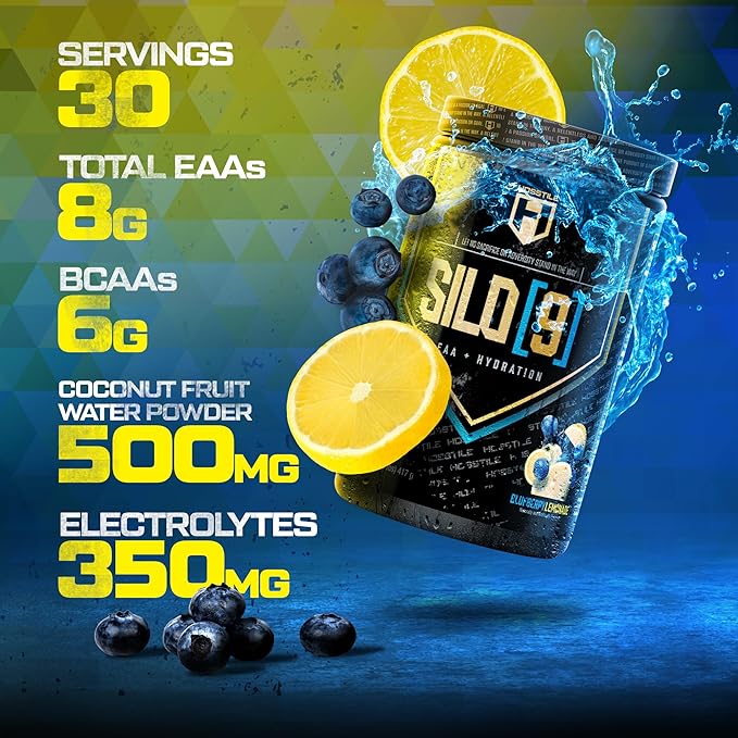 HOSSTILE SILO[9] Essential Amino Acids EAA &amp BCAA Powder Electrolyte Hydration Support Enhance Muscle Growth &amp Recovery Pre or Post Workout Drink Blueberry Lemonade 30 Servings