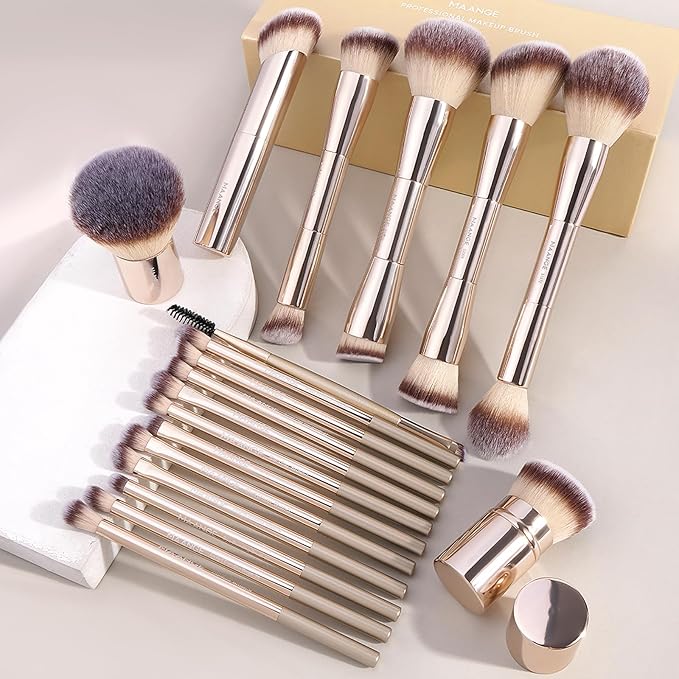 MAANGE 20 Pcs Makeup Brushes with Gift Box Double-End Multi-functional Makeup Brushes for Blending Liquid Powder Concealer Cream Blush BuffeChampagne