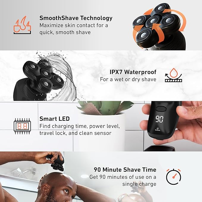 Groomie Cordless Bald Head Shavers for Men BaldiePro Head Grooming Starter Kit - Includes Ergonomic BaldiePro Head Shaver SmoothShave Blade 2.0 Cleaning Brush Charging Cable &amp User Manual