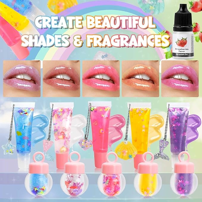 Jcoos Lip Gloss Making Kit - Keychain DIY Lip Gloss Set for Teens Kids DIY Lipgloss Making Kit Make Your Own Lip Gloss Kit Moisturizing Glitter Keychain Kids Gifts Tweens Girls Christmas 10-12